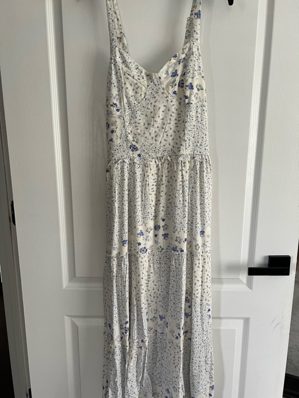 Women's White Maxi Dress with Blue Floral Print - Sleeveless Summer Maxi